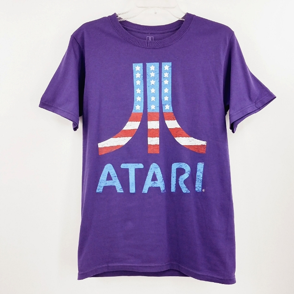 ATARI Retro Graphic T-Shirt Adult S Purple Gamer Themed Stars & Stripes Logo